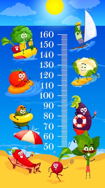 Kids height chart cartoon vegetables on summer beach leisure 