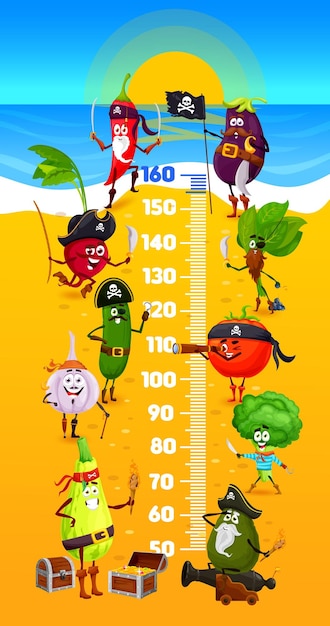 Kids height chart pirate and corsair vegetables vector growth meter Baby tall scale with cartoon funny pirate radish tomato and broccoli spinach and garlic eggplant avocado vegetable characters