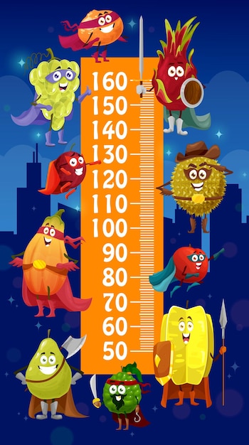 Kids height chart ruler, cartoon fruits superheroes. Growth measure meter