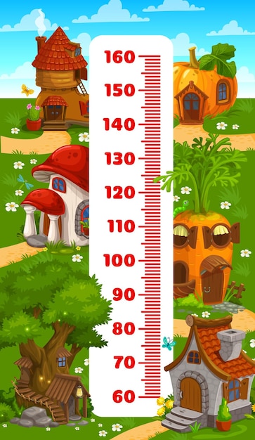 Kids height chart ruler cartoon gnome and elf houses Vector growth meter with mushroom tree pumpkin and carrot cottages Old boot and stone buildings on green meadow wall sticker children scale