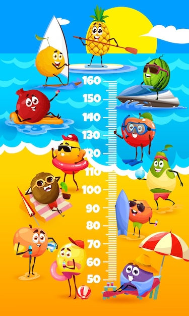 Kids height chart with cartoon fruits on the beach