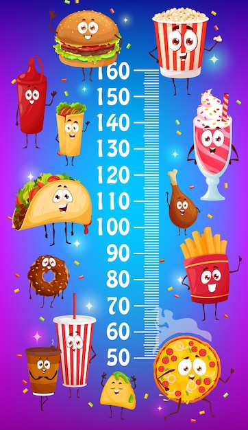 Kids height chart with cartoon funny fast food characters, vector growth meter child height measure scale. Cute fastfood burger, pizza and cheeseburger, hot dog and popcorn, tacos, coffee and donut