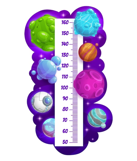 Kids height chart with cartoon space planets vector growth measuring meter Child height scale and tall measurement rule with alien galaxy and fantasy space planets or cosmic spaceships