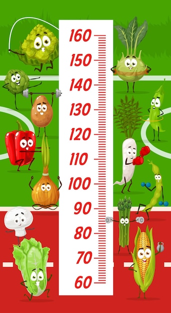 Kids height chart with cartoon vegetable athletes