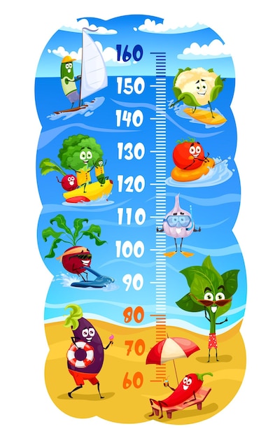 Kids height chart with funny vegetables on beach