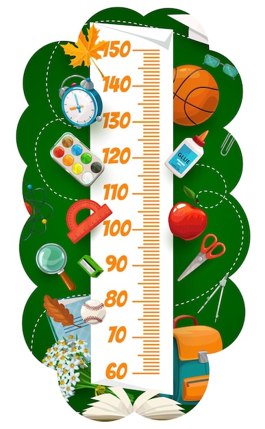 Kids height chart with school cartoon stationery