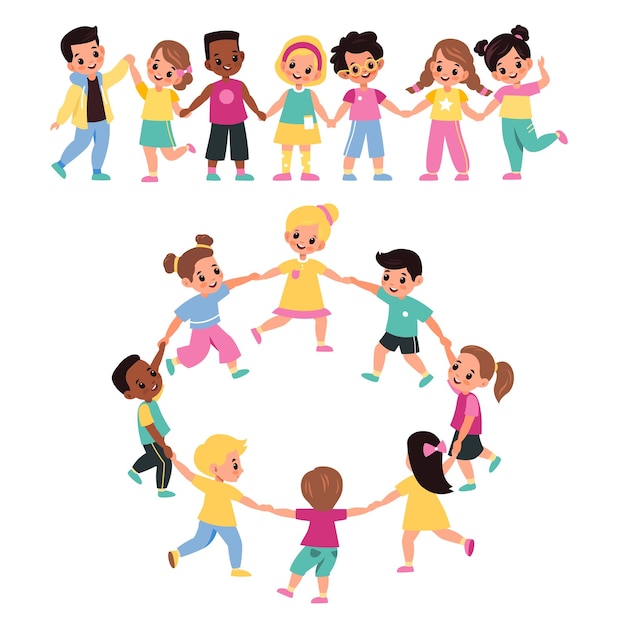 Kids holding hands Happy multicultural cute preschool children lead round dance together girls and boys form chain and ring little friends clasped hands Vector cartoon flat set