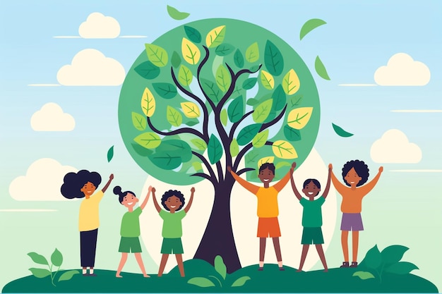 Kids Holding Up Tree Illustration