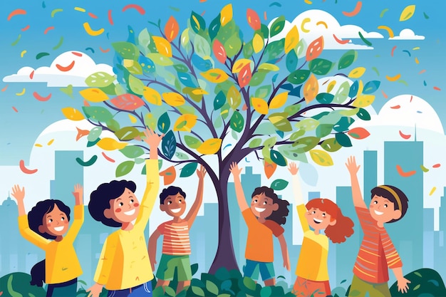 Kids Holding Up Tree Illustration