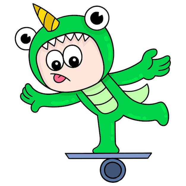 Kids in horned monster costumes skateboarding, vector illustration art. doodle icon image kawaii.