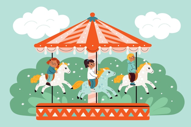 Kids horses carousel Park entertainment Boys and girls riding merrygoround Children on decorative animals Amusement attraction Roundabout with funny ponies Garish vector concept