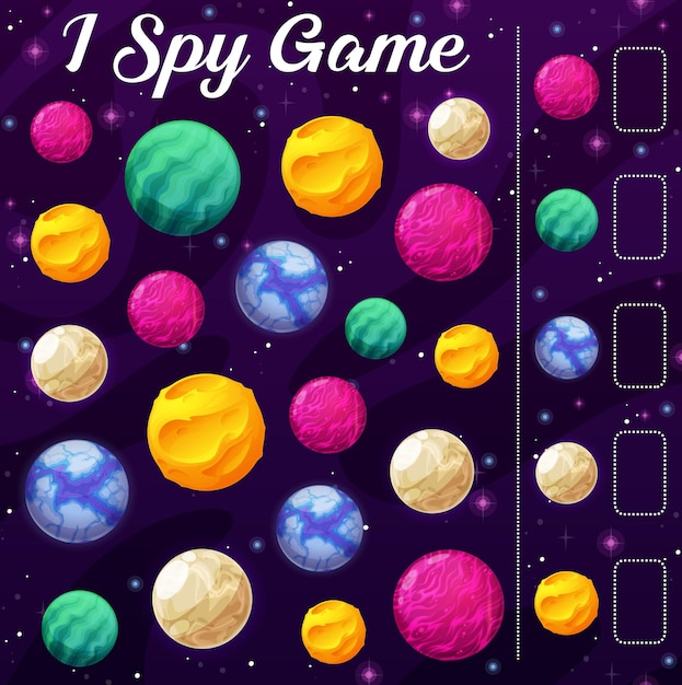 Kids I spy game with cartoon vector space planets