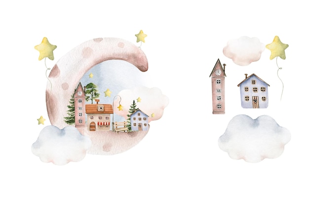 Kids illustration moon with stars town small houses clouds for nursery print poster