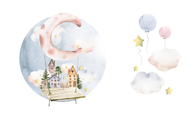 Kids illustration moon with stars town small houses clouds for nursery print poster