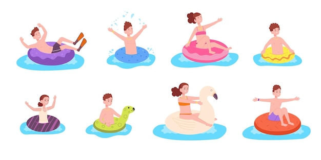 Kids inflatable circle Children swimming inflatables rubber and flippers in pool swim sea game floating child sunny resort water circles sport game splendid vector illustration