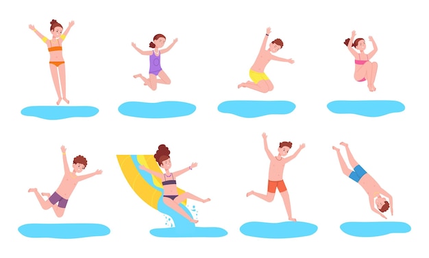 Kids jump in water Happy children jumping splash pool swimming play diving sea bath action child sun fun party boy girl splashing jumps little divers splendid vector illustration