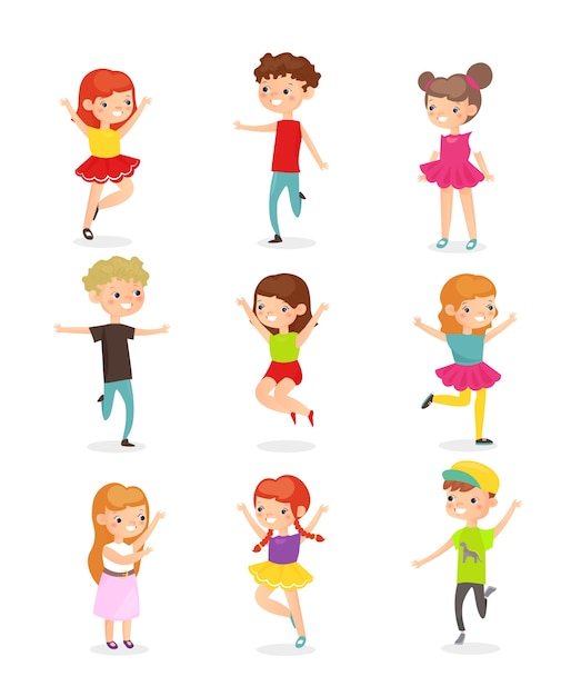 Kids jumping Joyful children in motion cartoon characters pack