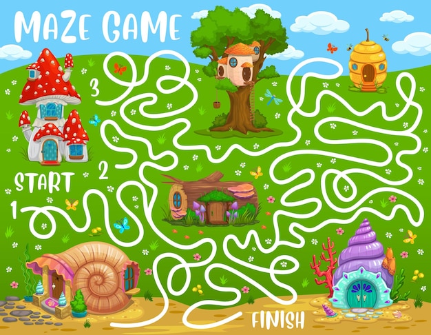 Kids labyrinth maze, cartoon beehive, oak and snail, vector stump and mushroom or seashell houses. Kids tabletop riddle or find way labyrinth puzzle with dwarf, gnome or fairy elf homes and sea shells