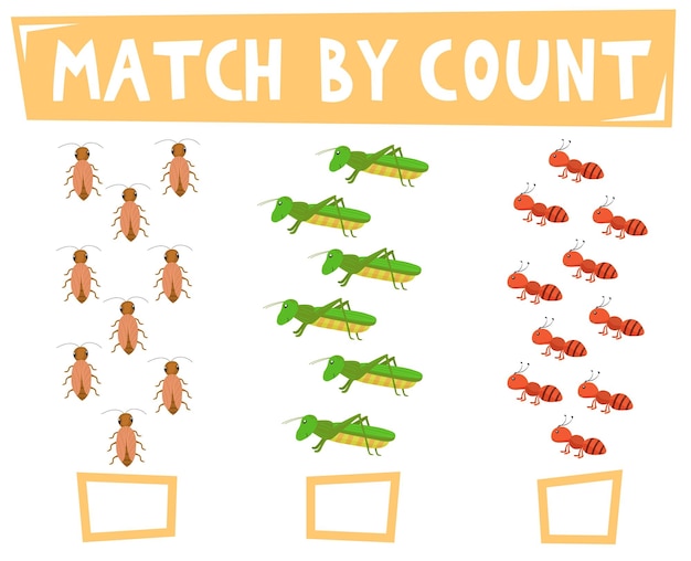 Kids learning number material Educational game for preschool children with different subjects Cartoon vector illustration Beetle grasshopper ant