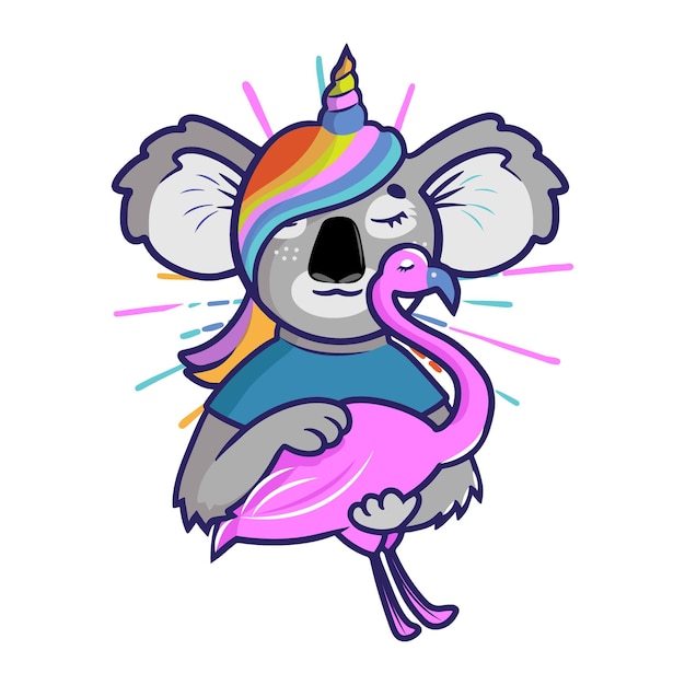 The kids logo of a koala in the form of a symbol of Unicorn hugs flamingo