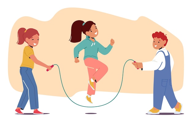 Vector kids love jumping rope children characters engage in fun playful activity that improves coordination and endurance while fostering a sense of joy and camaraderie cartoon people vector illustration