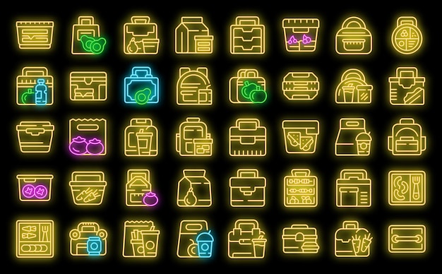 Kids lunch box icons set vector neon