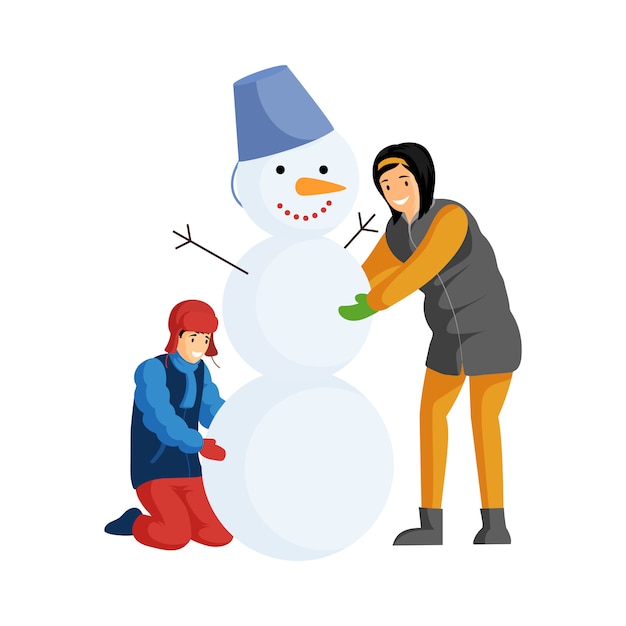 Kids making snowman flat color illustration