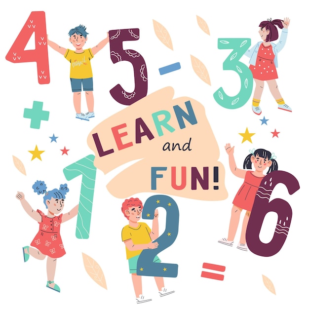 Vector kids math education banner template with children learning learning mathematics