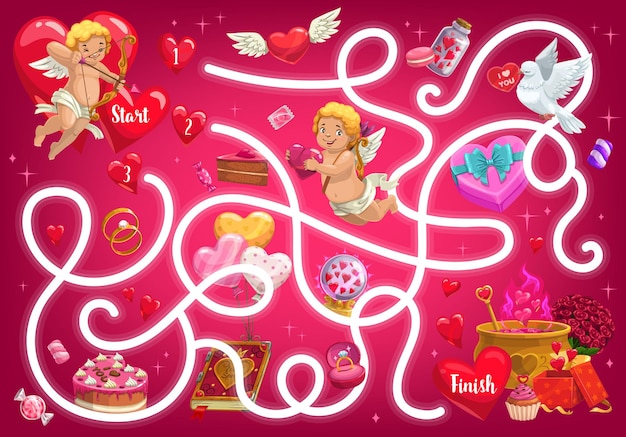 Kids maze game, Valentines day labyrinth with cupids and festive items