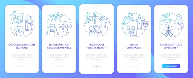 Kids mental toughness blue gradient onboarding mobile app screen Walkthrough 5 steps graphic instructions pages with linear concepts UI UX GUI template Myriad ProBold Regular fonts used