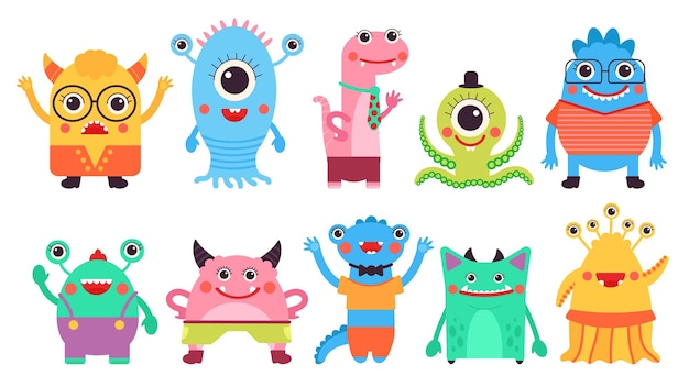 Kids monster collection Child monster isolated cartoon aliens characters Cute ugly comic elements crazy colorful beast decent vector set