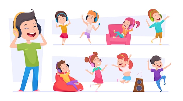 Kids music. Little happy children relaxing and listen sound in headphones exact vector teens. Illustration girl and boy listen music, cartoon children fun