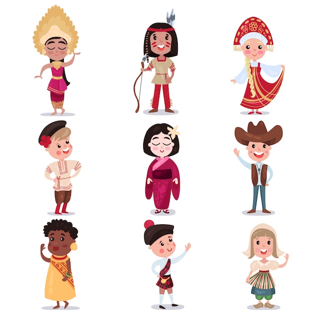 Kids in national costumes of different countries set, cute boys and girls in traditional clothes colorful   Illustrations