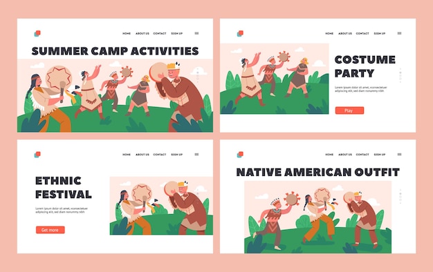 Kids in Native Indian Costumes Landing Page Template Set Characters Playing American Indians on Green Field