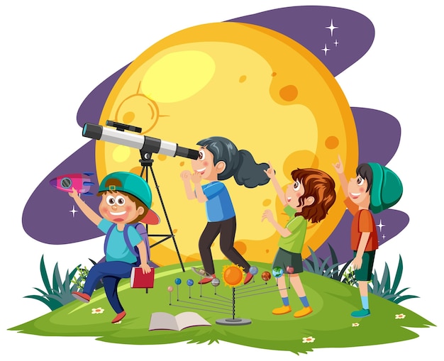 Kids observing through telescope