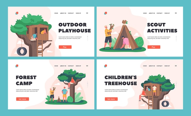 Kids Outdoor Activities Landing Page Template Children Playing at Treehouse and Hut Fun in Summer Forest Camp