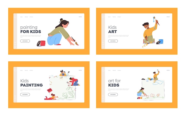 Kids Painting Landing Page Template Set. Little Boys and Girls Characters with Brush or Colored Pencils Create Pictures