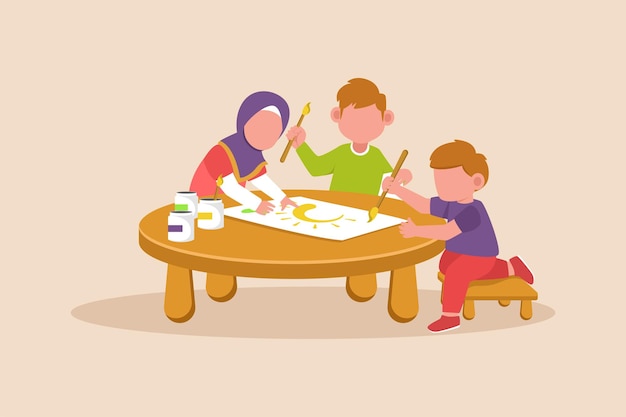 Kids painting together on table Learning together concept Colored flat graphic vector illustration isolated