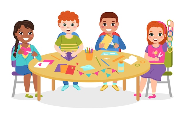 Kids paper craft Boys and girls cut colored paper figures at round table make applications bend origami glue flags and chains garlands Children art hobby and interest group vector cartoon concept