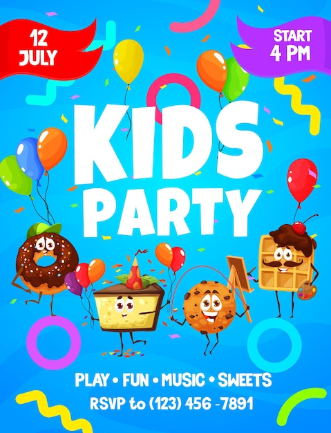 Kids party flyer cartoon pastry characters