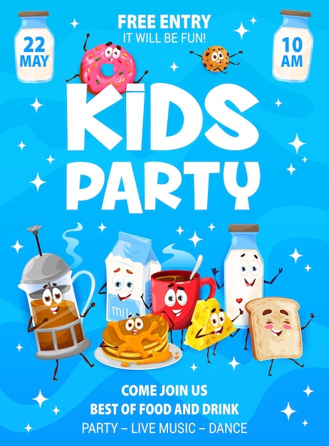 Kids party flyer with breakfast food characters