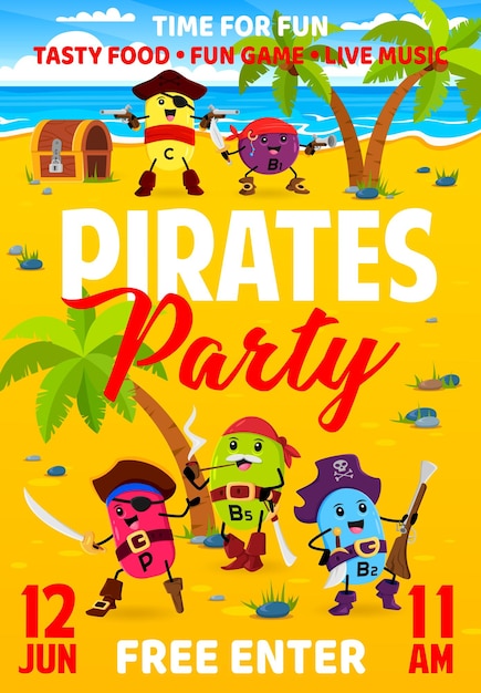 Vector kids party flyer with cartoon vitamin pirates