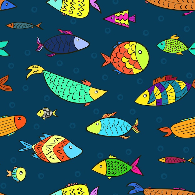 Kids pattern with cartoon fishes and air bubbles