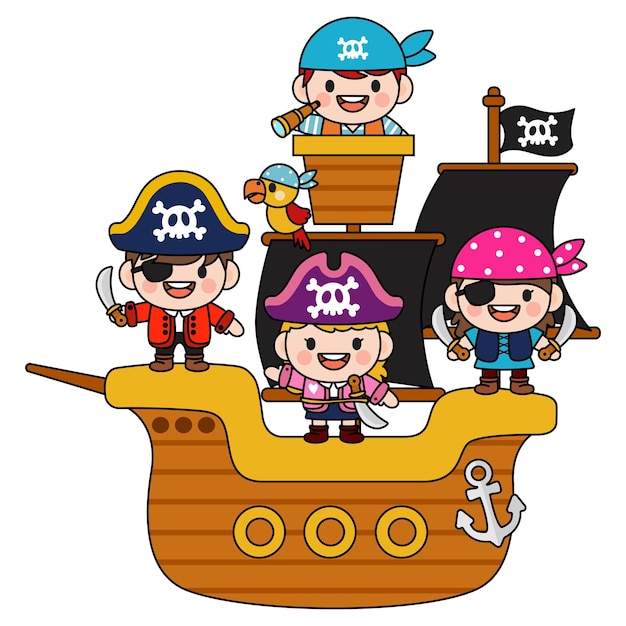 Kids pirate captain and sailor characters Filled Clipart