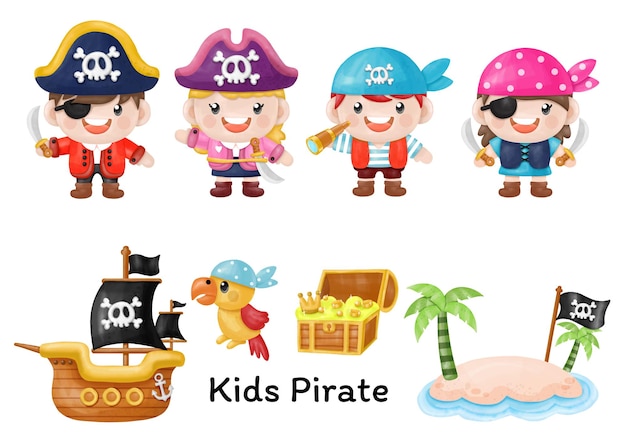 Kids pirate captain and sailor characters Watercolor Clipart