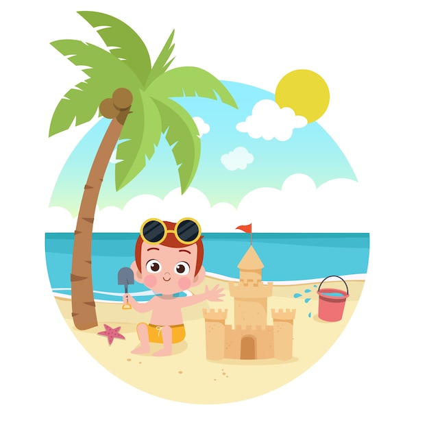 Kids play at the beach illustration