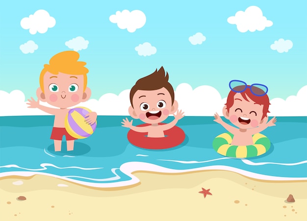 Kids play at the beach illustration