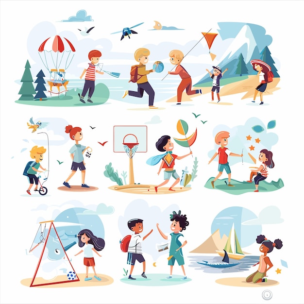 Vector kids_play_games_concept_with_people_situation_set