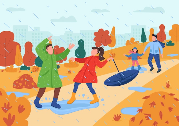 Kids play in rain semi flat illustration. Parent with children in autumn urban park