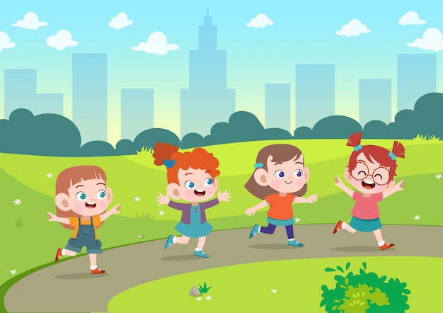 Kids play together in the garden vector illustration